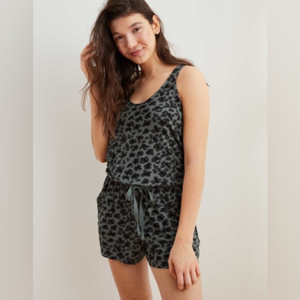 aerie Gray and Black Leopard-Print Romper